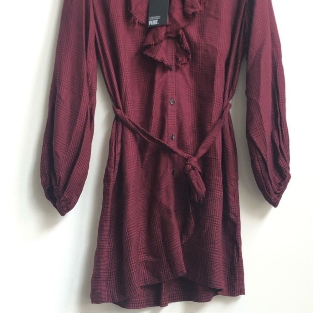 New PAIGE Isabelle Dress Rumba Red houndstooth Check Raw Ruffle button down - Picture 3 of 8